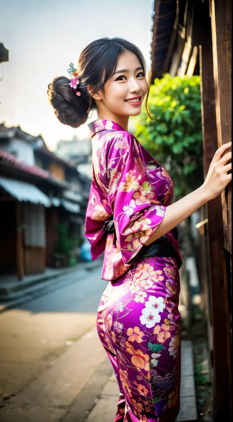 Full body,1girl,standing ryokan,warm smile(Perfect figure,be tall and slim),solo,(outdoor:1),sky,Focus on the face,looking at the viewer,Beautiful face,cute Japanese girl,Detailed delicate young face,oiled skin,(updo hair, sexy kimono, floral print, colour...