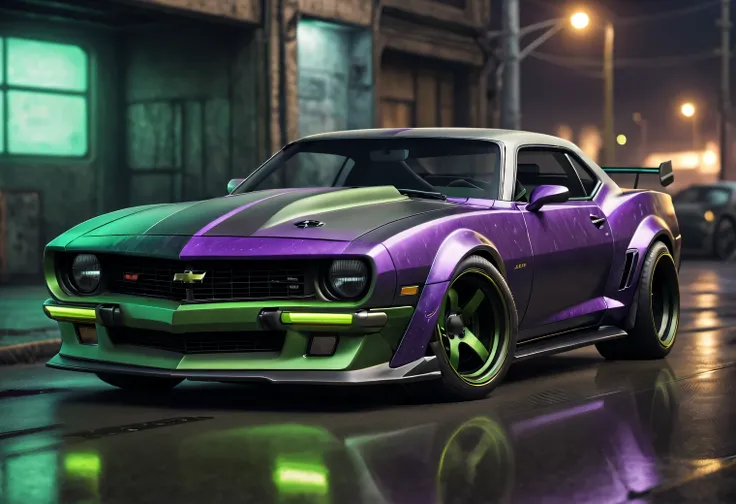 tuning chevrolet camaro, cyberpunk style, green colour, purple and black, high detail, a high resolution, 8k, photorealistic