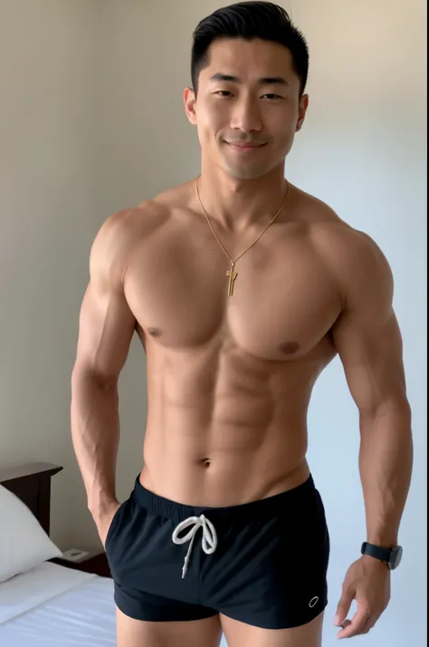 arafed asian man in black shorts standing in a bedroom, asian male, mid-shot of a hunky, shirtless, fit pic, prefect body, ripped, lean man with light tan skin, 27 years old, lean but muscular, bare chest, handsome chad chin, attractive body, 29 years old,...