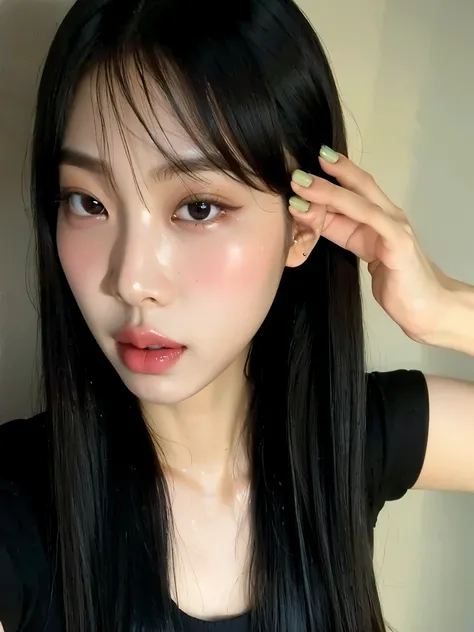 Arafed asian woman with long black hair and a black shirt, ela tem cabelo preto com franja,  coreana, linda mulher sul-coreana, Sun Yunjoo, jaeyeon nam, linda jovem coreana, Heonhwa Choe, young lovely korean face, Ulzzang, linda jovem coreana, adorable and...