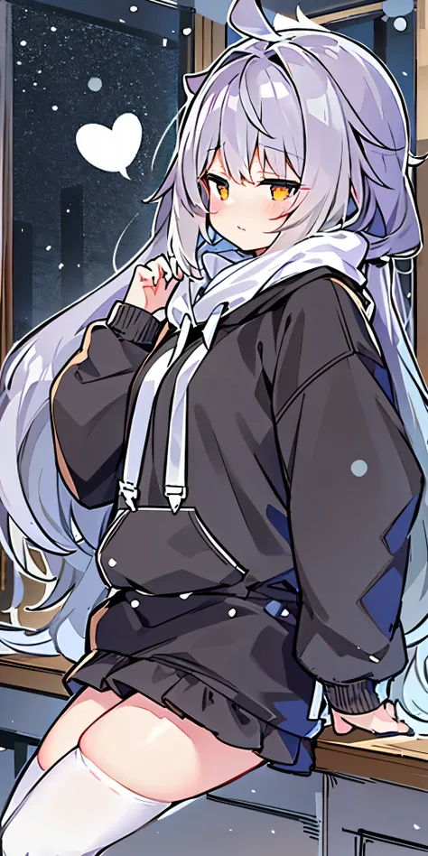 、long hair、cute、white stockings、Heart-shaped pupils、solo、gray hair、indoor、blush、winter、snow、outdoor,golden eyes、Ahoge、(((Black hoodie)))、
