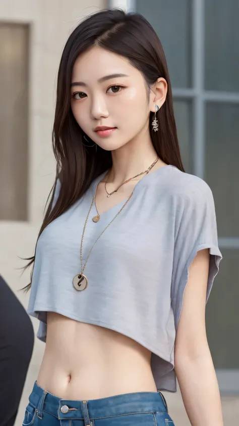 realistic,Super adopted,1 young beautiful korean girl, Distant gaze, ah,Hip-hop style clothing,Round young face,full accesories,necklace,big, clear and gentle eyes,long eyelashes,slim waist,light macup,neat teeth, Slightly Smiled. colored hair,  Upper body...