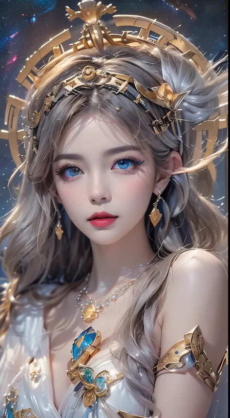 luxurious glittering athena style, dark mystery version, athena crown, lipstick, thin and pretty lips, intricate details, Detailed background, Very detailed, light magic, a woman, clear face, looking viewer，upper body，Upper body，the goddess of the athena, ...