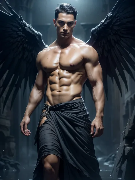 Photorealistic, ((best quality)), ((masterpiece)), (detailed), the devil, masculine portrait of the devil, personification of The Devil, (evil look:1.2), massive huge majestic black angel wings, 18-year-old male model, handsome, tall, cute looking, evil lo...