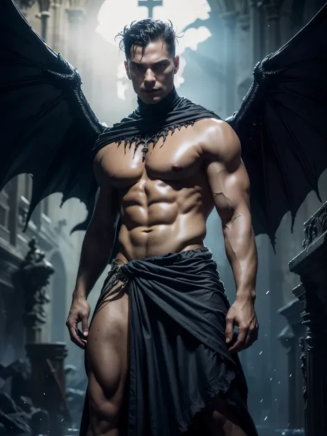 Photorealistic, ((best quality)), ((masterpiece)), (detailed), the devil, masculine portrait of the devil, personification of The Devil, (evil look:1.2), massive huge majestic black angel wings, black dragon horns, 18-year-old male model, handsome, tall, c...