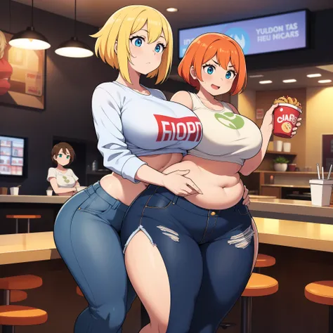 ((highres)), Masterpiece, high quality, best quality, beautiful, perfect lighting, detailed face, ultra cute face, ((2girls)), one girl has blonde hair, blue eyes, crop top and shorts, one girl has orange hair, green eyes, jeans, white shirt, jacket, thigh...