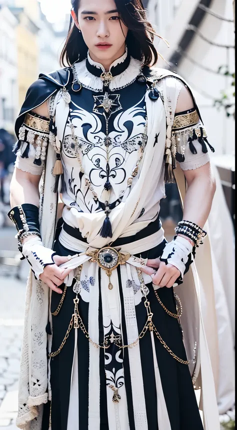 handsome man in black tribal robe, with chains,realistic, same face