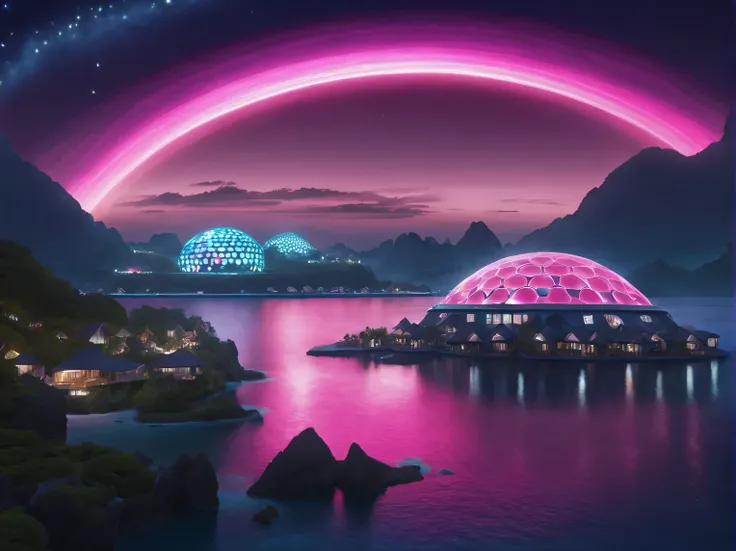 scene from a holiday romance on the shore of an alien pink ocean, in the background is an alien eco-friendly resort town under an energy dome, stars are visible in the dark sky behind the dome