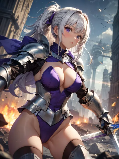 highest quality、complete limbs、full finger、(((1 woman)))、((Woman with purple hair))、((medium hair woman))、ponytail、Beauty busty woman:1.3、(((female knight:1.5)))、(((full armor:1.5)))、(((purple high neck leotard:1.5)))、(((woman wearing brown tights:1.3)))、c...