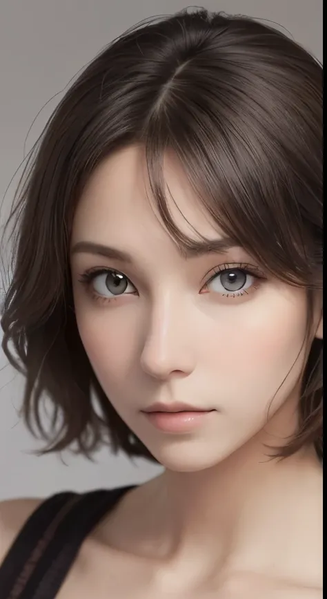 (masutepiece、highest quality、photorealistic、High resolution、photograph、:1.3)、Very close-up shot、sharp focus、30 year old mature woman、small face、no makeup、A well-formed and beautiful face、short hair、dark brown hair、Detailed beautiful eyes、Bust B Cup、exposed...