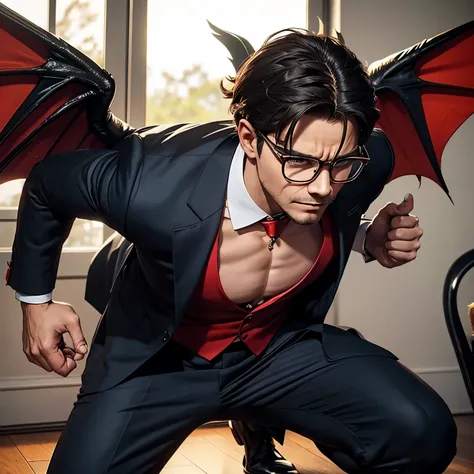 Demonic cat with demon wings, wearing glasses, suit and muscular body
