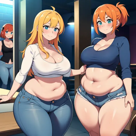 ((highres)), Masterpiece, high quality, best quality, beautiful, perfect lighting, detailed face, ultra cute face, ((2girls)), ((blush)), one girl has blonde hair, blue eyes, crop top and shorts, one girl has orange hair, green eyes, jeans, white shirt, ,t...