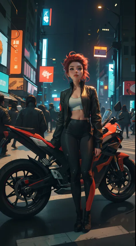 masterpiece, best quality, Confident cyberpunk girl, full body shot, ((standing in front of motorcycle)), Harajuku-inspired pop outfit, bold colors and patterns, eye-catching accessories, trendy and innovative hairstyle, vibrant makeup, Cyberpunk dazzling ...