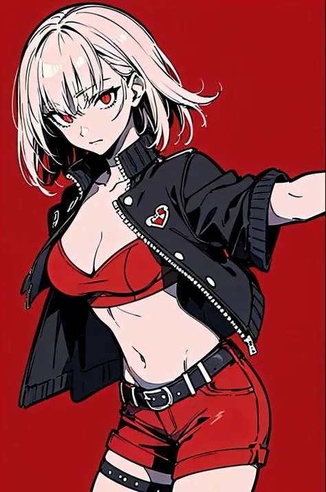 (masterpiece, highest quality:1.6), alone, thick outline, (simple background, Dark red background, monochrome, Dark red theme:1.2), official art, Key Visual, 8K, disorganized, whole body, (Unique hair, Punks jacket, hot pants, arch back, short torso:1.2), ...