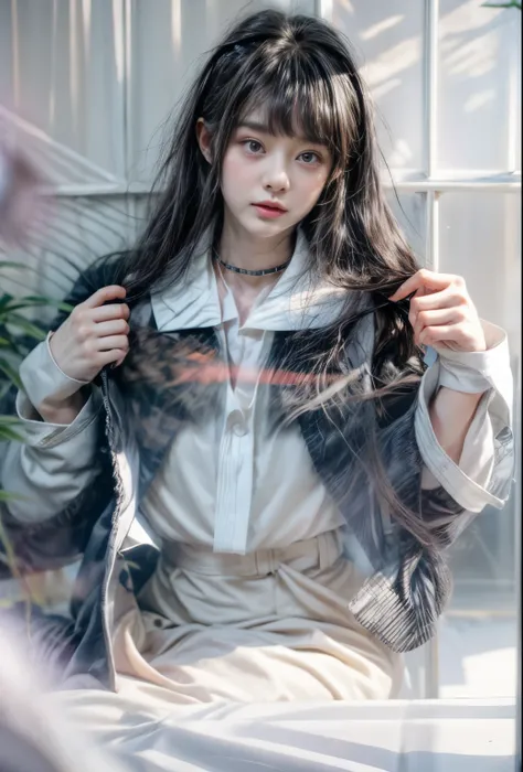 masterpiece、highest quality、(Detailed both eyes)、(cute japanese woman、bangs:1.3)、23 years old、1 girl、elegant、black hair、(auraroid photo:1.4)、(huge :1.2)、Are standing、(Black Blazer、white collar shirt:1.7)、Sexy Gravure