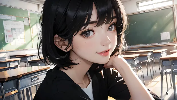 (((Highly detailed CG unit 8k wallpaper:1.2, masterpiece, High resolution:1.2, highest quality:1.2, table top))), ((very beautiful woman, A new teacher at school who seems kind:1.6)), ((highly detailed face, Highly detailed black eyes, extra detailed body,...