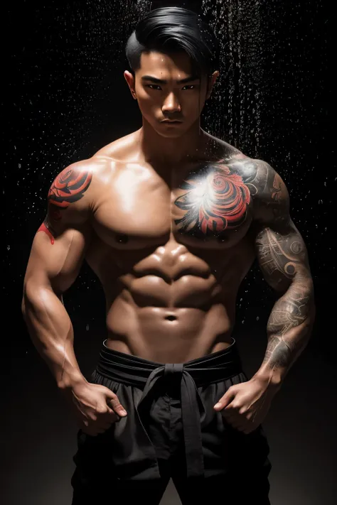 Masterpiece, Young Asian Man, His toned abdominal muscles were prominently displayed., Covered in intricate full-body tattoos. , Black cloth pants with a vibrant red sash tied around his waist., Standing defiantly in the pouring rain., His intense red eyes...