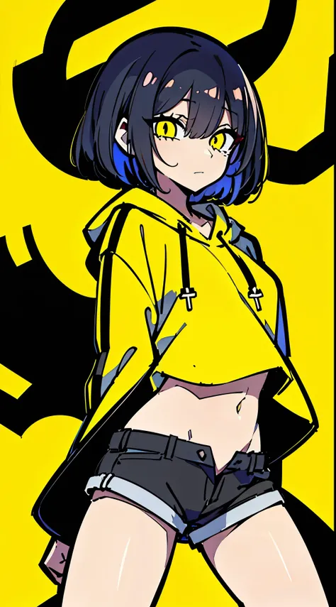 (masterpiece, highest quality:1.6), alone, thick outline, (simple background, Dark yellow background, monochrome, dark yellow theme:1.2), official art, Key Visual, 8K, disorganized, whole body, (Unique hair, Oversized Hoodies, hot pants, arch back, short t...