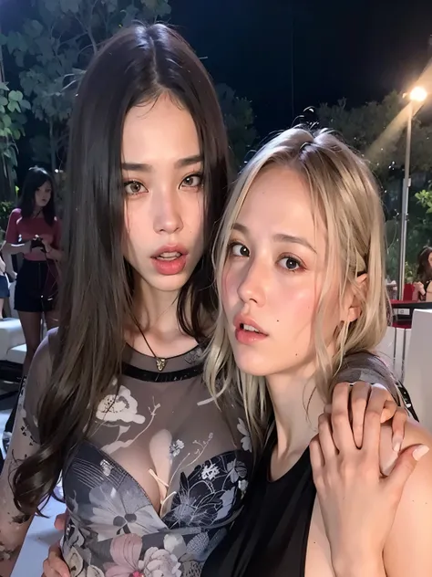 Dos mujeres posando para una foto en una fiesta con un hombre, Ruan Jia y Mandy Jurgens, Ayami Kojima y Lyde Caldwell, dos modelos en el marco, Aurora Aksnes y Zoë Kravitz, caras hermosas, con hiedra, 😭 🤮 💕 🎀, con negro, gemma chen, foto de perfil, 🤬 🤮 💕 🎀...