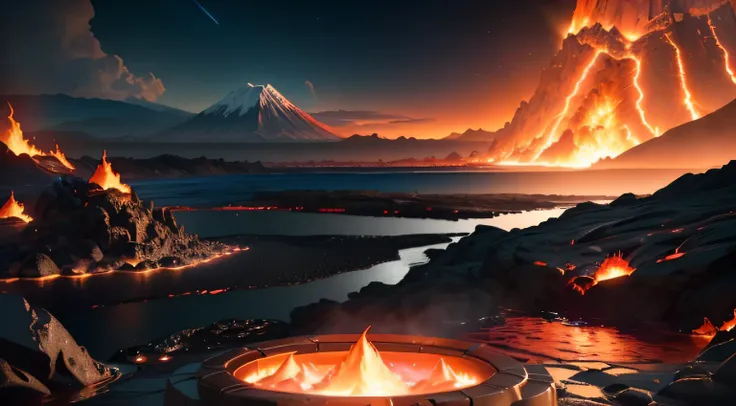 Lava pool closeup，In the background are several mountains, Solar Flare Unreal Engine, smelting pit&#39;bipur, Unreal engine 4k wallpaper, Unreal Engine 5 4k Ultra HD graphics card, Rendered in Unreal Engine 5, Additional rendering in Unreal Engine 5, glowi...