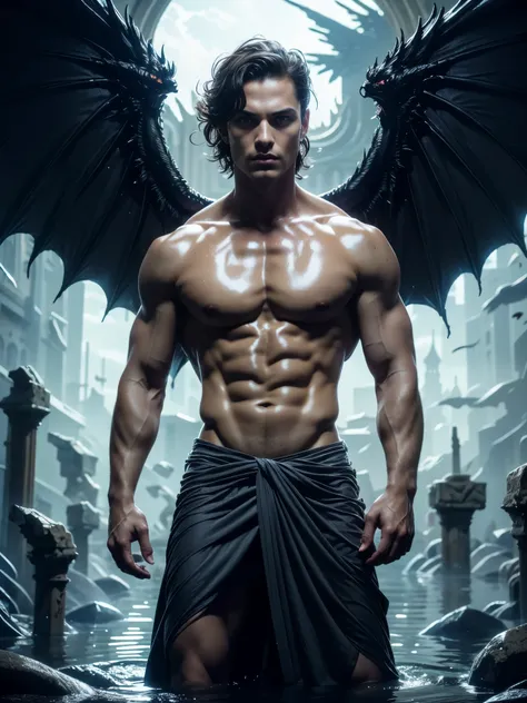 Photorealistic, ((best quality)), ((masterpiece)), (detailed), perfect face, the devil, masculine portrait of the devil, personification of The Devil, (evil look), superr pale skin, massive huge majestic black angel wings, black dragon horns, 18-year-old, ...