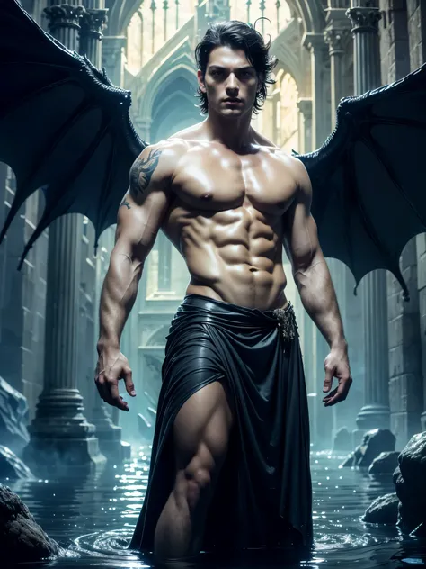 Photorealistic, ((best quality)), ((masterpiece)), (detailed), perfect face, the devil, masculine portrait of the devil, personification of The Devil, (evil look), superr pale skin, massive huge majestic black angel wings, black dragon horns, 18-year-old, ...