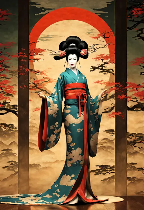 japanese devil woman、Heian period、02_ oil modern、art deco environment。03_High resolution、 | Ultra HD | Full HD、Cinematic rendering、fractal art、strong shading、warm shadows - cool lighting、excellent details、amazing paintings、masterpiece、highest quality、