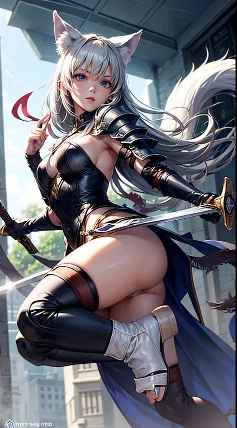 create an image of the young woman in heaven slash sword style, ‌she is jumping and performing heavy slash sword style with sword the have eyes on the handle, the young woman has  black wolf ears and tail who wearing white light armor. Anime, Lifelike, rea...