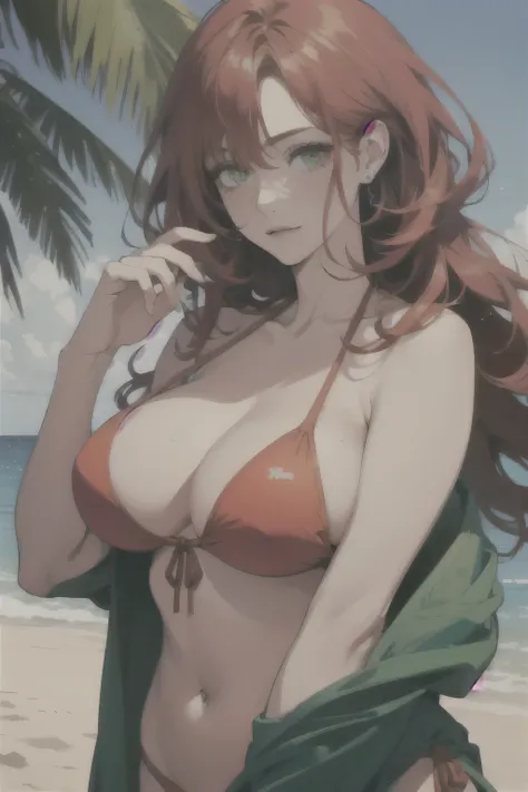 midjourney, ((best quality)), ((masterpiece)), (detailed), perfect face, 1woman, older woman, mature woman, ((long red hair, green eyes)), [freckles, body freckles], (large breasts: 1.3), (chubby: 1.3), (spring break: 1.5), (bikini: 1.2), (beach arty), (vi...