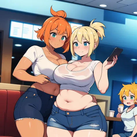 ((highres)), Masterpiece, high quality, best quality, beautiful, perfect lighting, detailed face, ultra cute face, ((2girls)), ((blush)), one girl has blonde hair, blue eyes, crop top and shorts, one girl has orange hair, green eyes, jeans, white shirt, ,t...