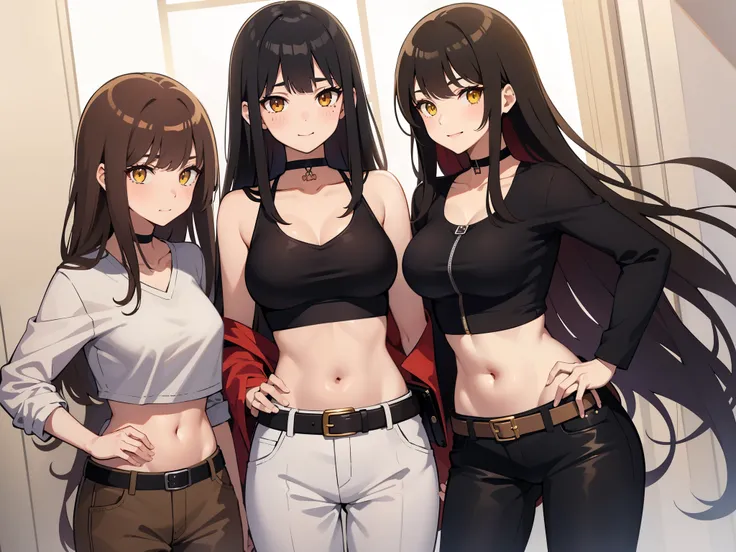 multiple_girls, belt, rating:safe, blunt_bangs, long_hair, kurosawa_dia, bangs, smile, black_hair, pants, 3girls, brown_hair, navel, looking_at_viewer, yellow_eyes, belt_buckle, buckle, breasts, midriff, red_hair, straight_hair, hand_on_hip, blush, medium_...