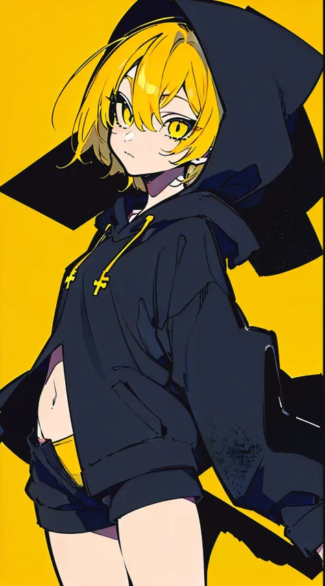 (masterpiece, highest quality:1.6), alone, thick outline, (simple background, Dark yellow background, monochrome, dark yellow theme:1.2), official art, Key Visual, 8K, confused, whole body, (Unique hair, oversized hoodie, hot pants, arch back, short torso:...