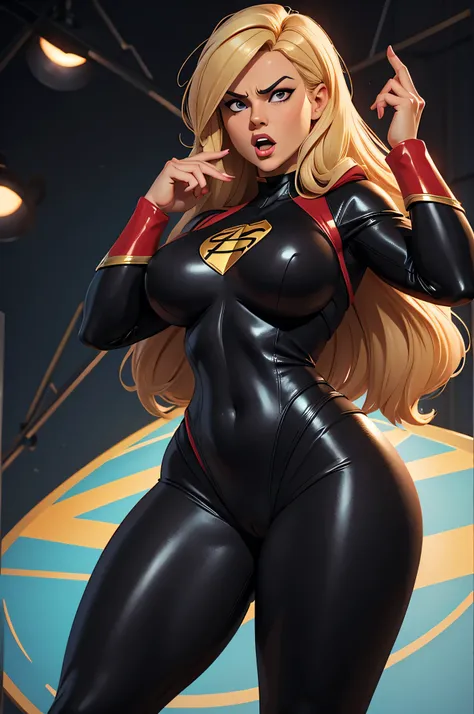 sexy, Ms Marvel , 3d art, milf, serious face. blonde. black outfit. thick thighs. open mouth. .
