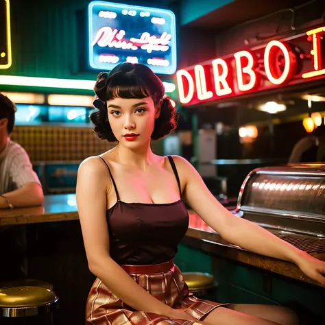 1girl dressed in abnude, complete with a full skirt and petticoat, her hair styled in classic pin curls. She should be seated at an old-fashioned diner, surrounded by vintage details like a jukebox, chrome accents, and neon signs. Her eyes should be sparkl...