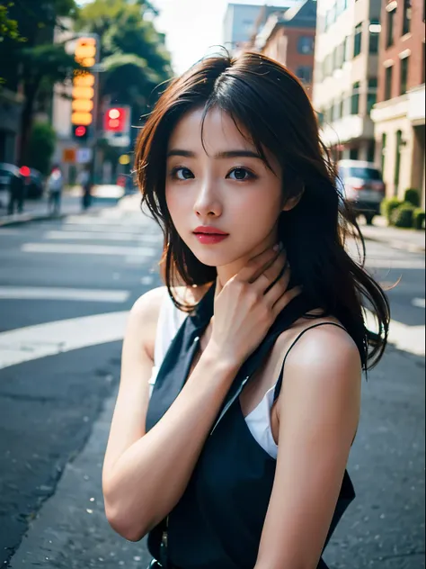 Woman posing seductive on street corner, top quality, high resolution, 8k, girl alone, outdoor, (street: 0.8), (people, crowd: 1), sleeveless dress, black dress: 1.5), gorgeous, (medium hair), (dynamic pose: 0.8), (upper body: 1.2), soft lighting, wind, gl...