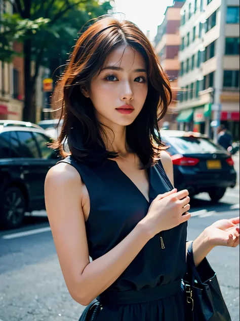 Woman posing seductive on street corner, top quality, high resolution, 8k, girl alone, outdoor, (street: 0.8), (people, crowd: 1), sleeveless dress, black dress: 1.5), gorgeous, (medium hair), (dynamic pose: 0.8), (upper body: 1.2), soft lighting, wind, gl...