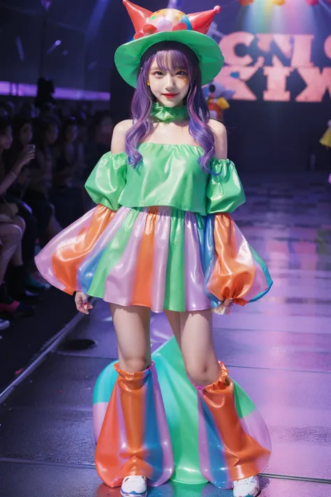 Slime-covered female idol body Esbian、、Slime-covered clown fashion、Clown hat、Full body Esbian、colorful hair