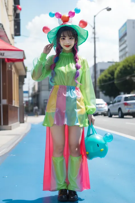 Slime-covered female idol body Esbian、、Slime-covered clown fashion、Clown hat、Full body Esbian、colorful hair