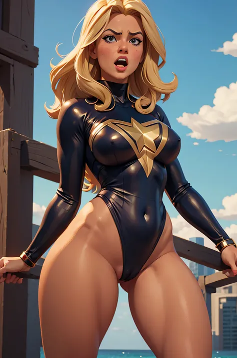 naked, Ms Marvel , 3d art, milf, surprised face. blonde. thick thighs. open mouth. . cameltoe.
