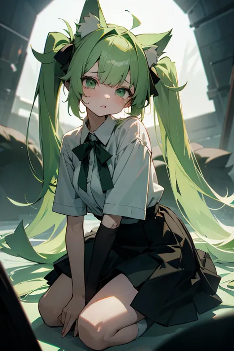 light green hair girl、Huge twintails、Wolf ears grow、crying out、white shirt、skirt、Kneeling、dark atmosphere