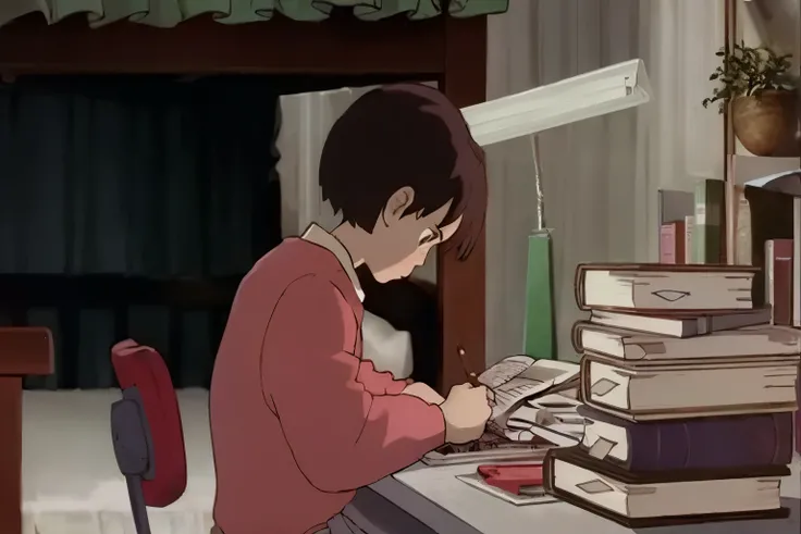 Ara of a boy sitting at a desk with a pile of books々new image, praise girl, praise, praise aesthetic, praise girl aesthetic, praise feel, 9 0 s anime aesthetic, maison ikkoku, lain serial experiments, praise artstyle, Studio Ghibli aesthetics, praise color...