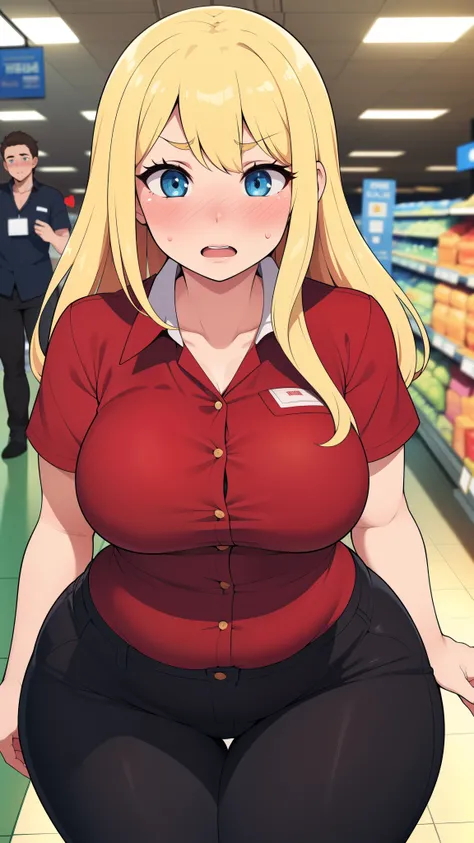 ((highres)), Masterpiece, high quality, best quality, beautiful, perfect lighting, detailed face, ultra cute face, ((1girl)), ((blush)), long blonde hair, blue eyes, red shirt, black pants, work uniform, tight clothes, super market, medium breasts, perky b...