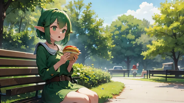 in the park on a bench, girl, short stature, elf ears, Emerald hair, Green Outfit, Eating a burger