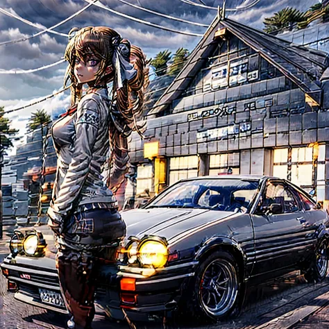 anime girl standing in front of a car in front of a house, anime style 4 k, 4k anime wallpaper, realistic anime artstyle, anime ...