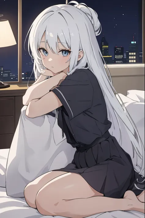 scene view,sky,anime style,on the bed, house light ,night,, headrest, strong angle, curtsey,，white hair，white silk