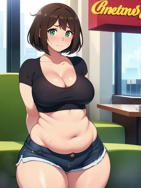 ((highres)), Masterpiece, high quality, best quality, beautiful, perfect lighting, detailed face, ultra cute face, ((1girl)), ((solo), short brown hair, messy hair, green eyes, ((blush)), nervous, shy, in love with viewer, arms behind back, looking at view...