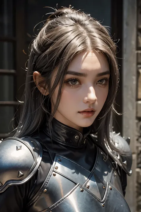 beautiful ranger woman with grey hair and soft brown eyes in studded leather armor