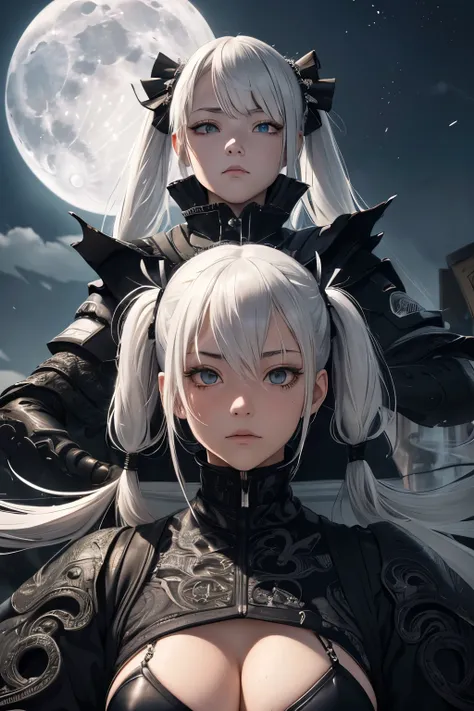 style of Tsutomu Nihei,(incredibly absurdres, (high resolution:1.18), intricate detail, (masterpiece:1.1), (highest quality:1.1), absurdres),(1girl, school girl, pov portrait from below, platinum white hair in pigtails, moonlight eyes, long hair, detailed ...