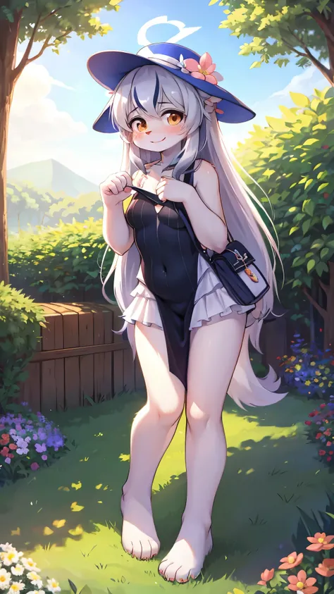 furry girl,long hair,white fur,white dress,blue whale shoulder bag,sunny day hat,bend over,blush,ultra detailed fur,neck fur,looking at viewer,flower garden,smile