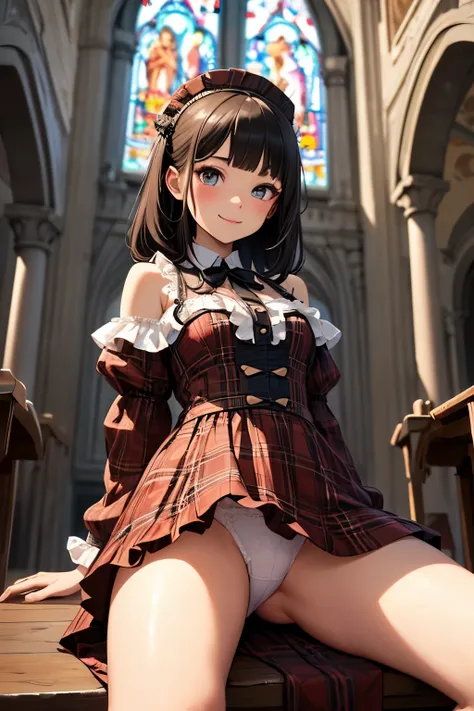 very cute and beautiful girl,(highly detailed beautiful face and eyes:1.2), (smile),blush,black hair,looking at viewer,(classic brown plaid lolita dress with detailed frills),detailed lace, sitting,(spread legs),arms behind back,(white panties:1.12), altar...